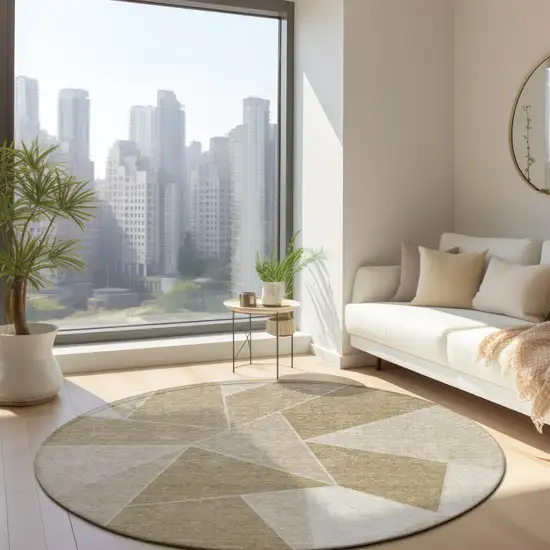 8' Beige Tan And Ivory Round Geometric Washable Indoor Outdoor Area Rug Photo 8