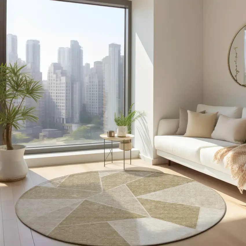 8' Beige Tan And Ivory Round Geometric Washable Indoor Outdoor Area Rug Photo 8