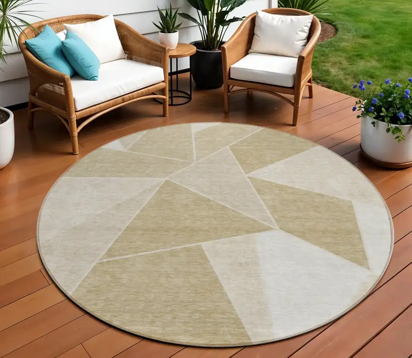 8' Beige Tan And Ivory Round Geometric Washable Indoor Outdoor Area Rug Photo 1