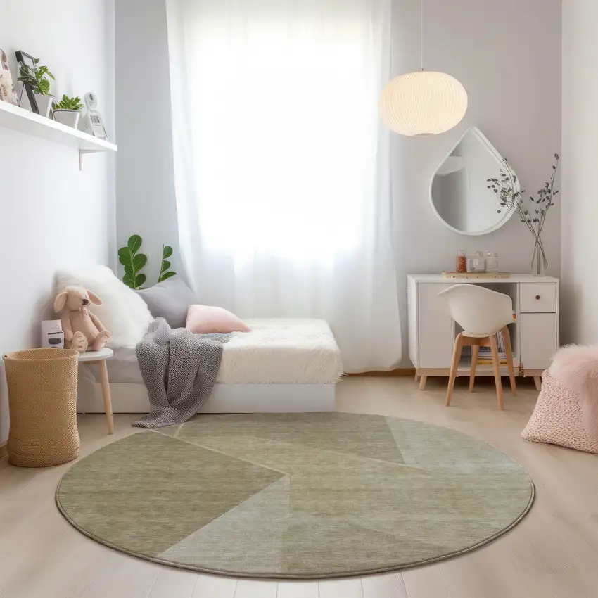 8' Beige Tan And Ivory Round Geometric Washable Indoor Outdoor Area Rug Photo 6