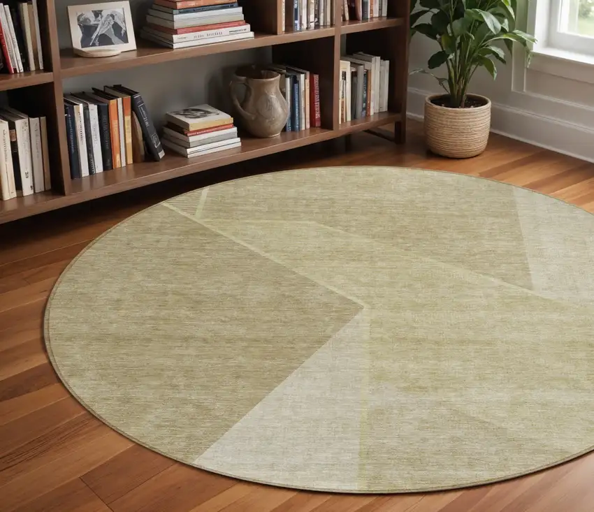 8' Beige Tan And Ivory Round Geometric Washable Indoor Outdoor Area Rug Photo 8
