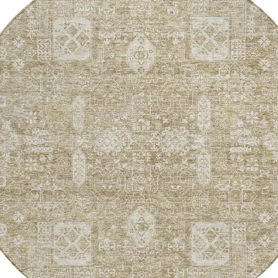 8' Beige Tan And Ivory Round Oriental Washable Indoor Outdoor Area Rug Photo 4