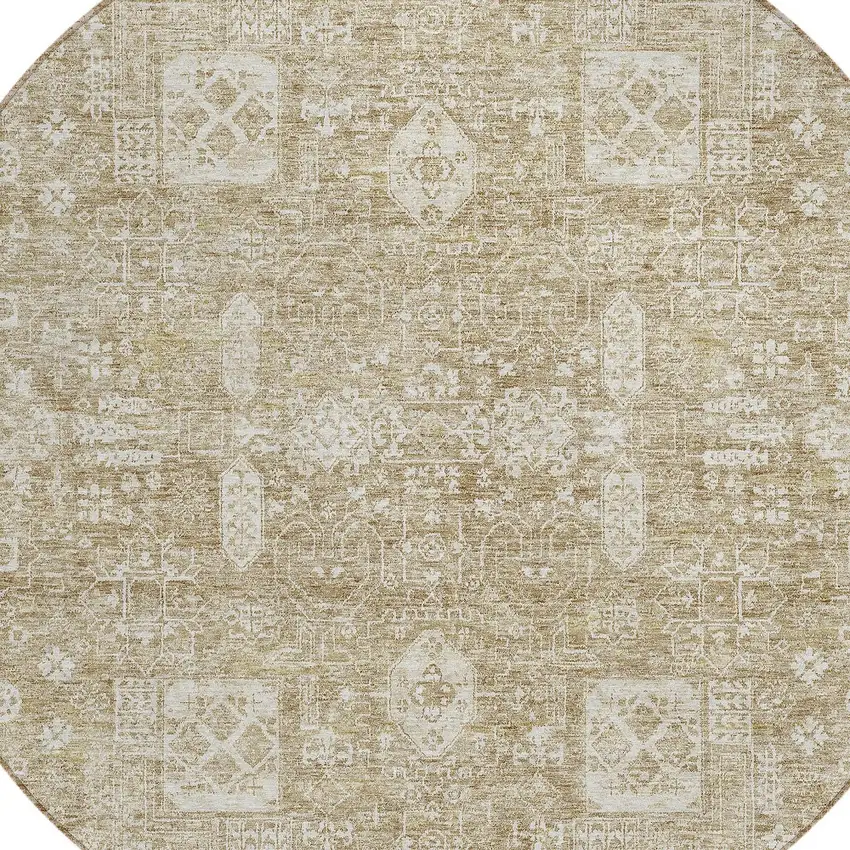 8' Beige Tan And Ivory Round Oriental Washable Indoor Outdoor Area Rug Photo 4