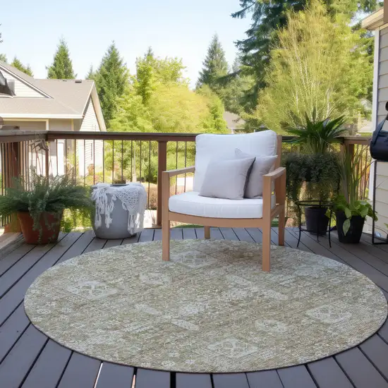 8' Beige Tan And Ivory Round Oriental Washable Indoor Outdoor Area Rug Photo 6