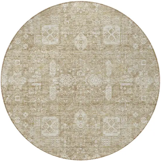 8' Beige Tan And Ivory Round Oriental Washable Indoor Outdoor Area Rug Photo 5