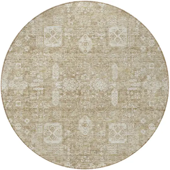 8' Beige Tan And Ivory Round Oriental Washable Indoor Outdoor Area Rug Photo 5