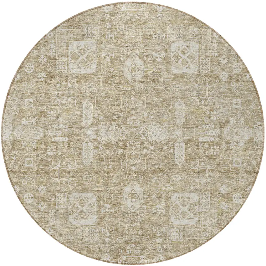 8' Beige Tan And Ivory Round Oriental Washable Indoor Outdoor Area Rug Photo 5