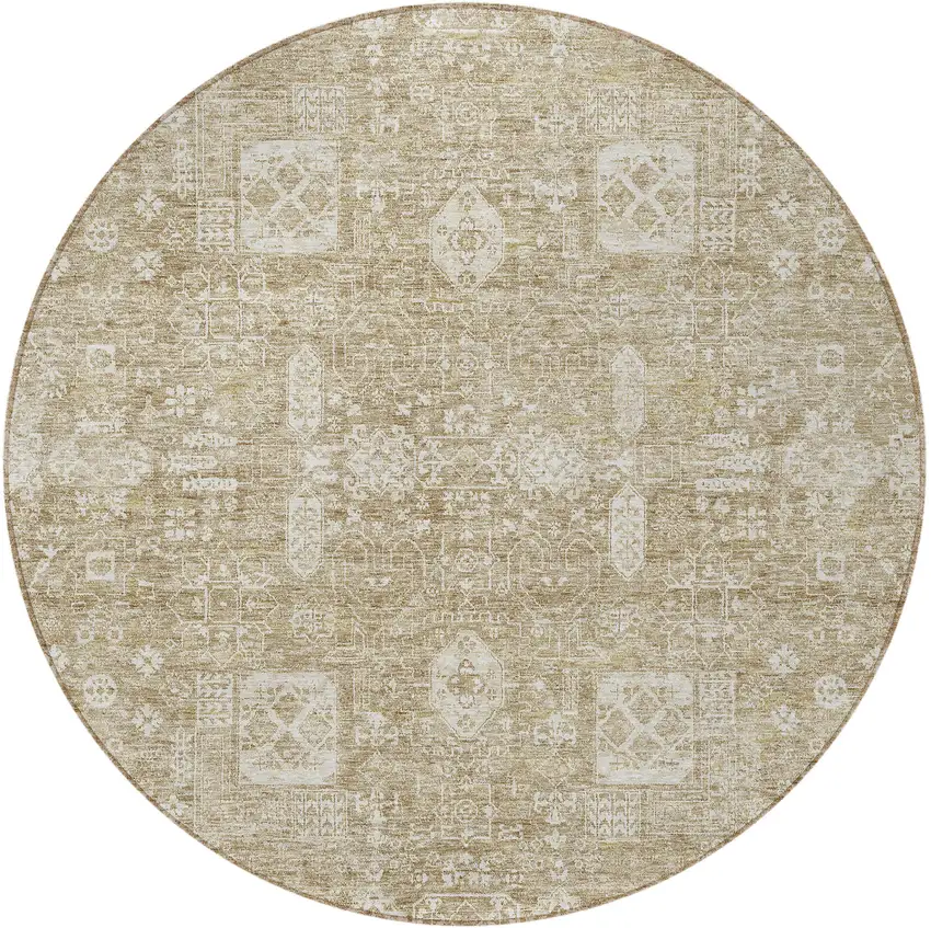 8' Beige Tan And Ivory Round Oriental Washable Indoor Outdoor Area Rug Photo 5