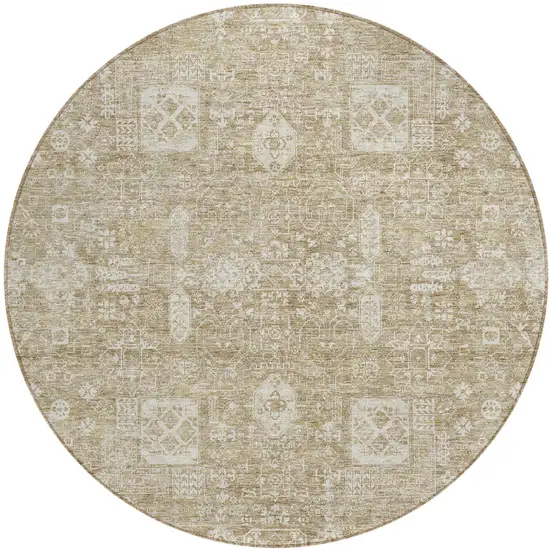 8' Beige Tan And Ivory Round Oriental Washable Indoor Outdoor Area Rug Photo 1