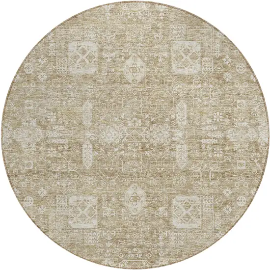 8' Beige Tan And Ivory Round Oriental Washable Indoor Outdoor Area Rug Photo 1