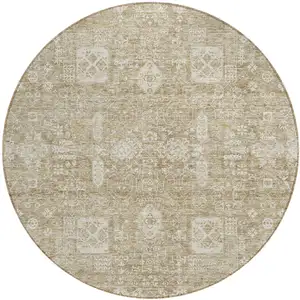 Photo of 8' Beige Tan And Ivory Round Oriental Washable Indoor Outdoor Area Rug