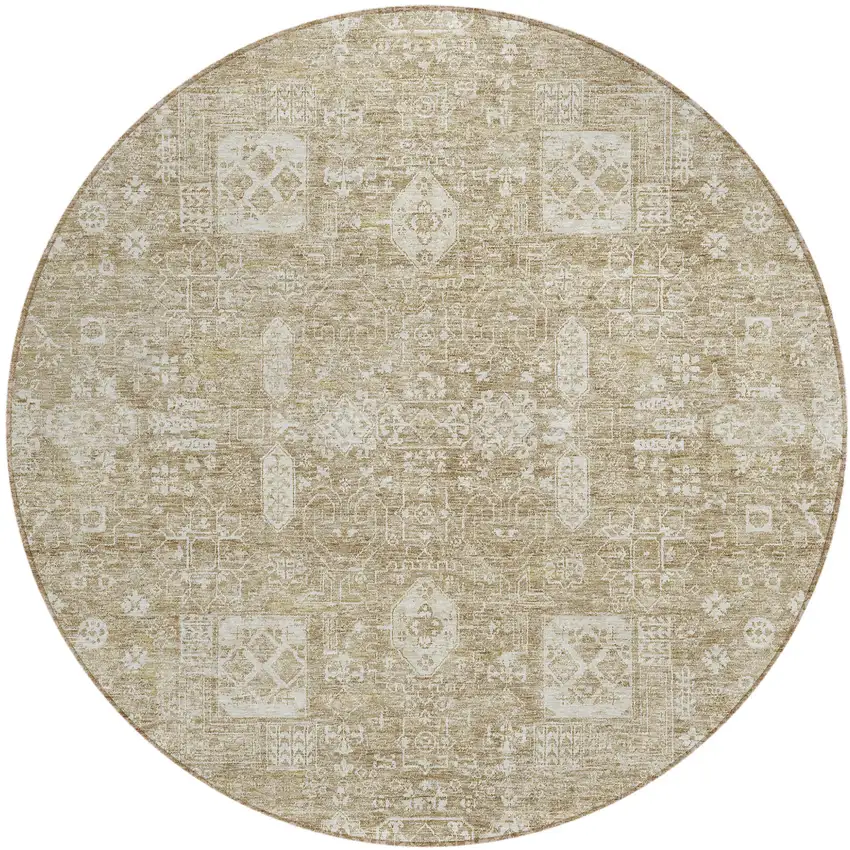 8' Beige Tan And Ivory Round Oriental Washable Indoor Outdoor Area Rug Photo 1