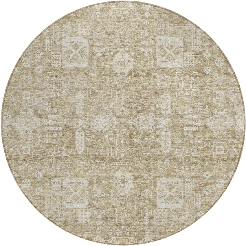 8' Beige Tan And Ivory Round Oriental Washable Indoor Outdoor Area Rug Photo 1
