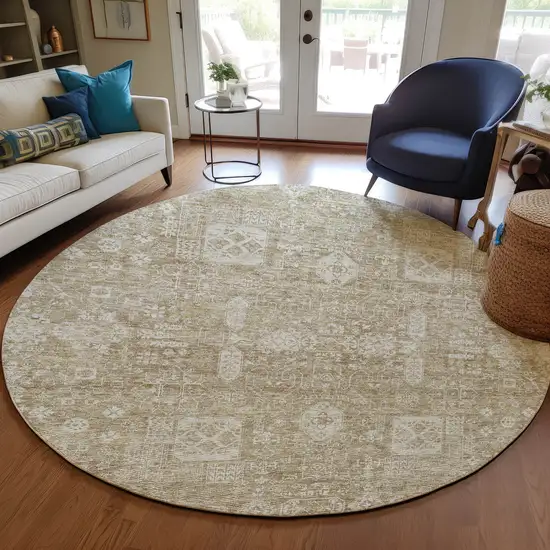 8' Beige Tan And Ivory Round Oriental Washable Indoor Outdoor Area Rug Photo 7