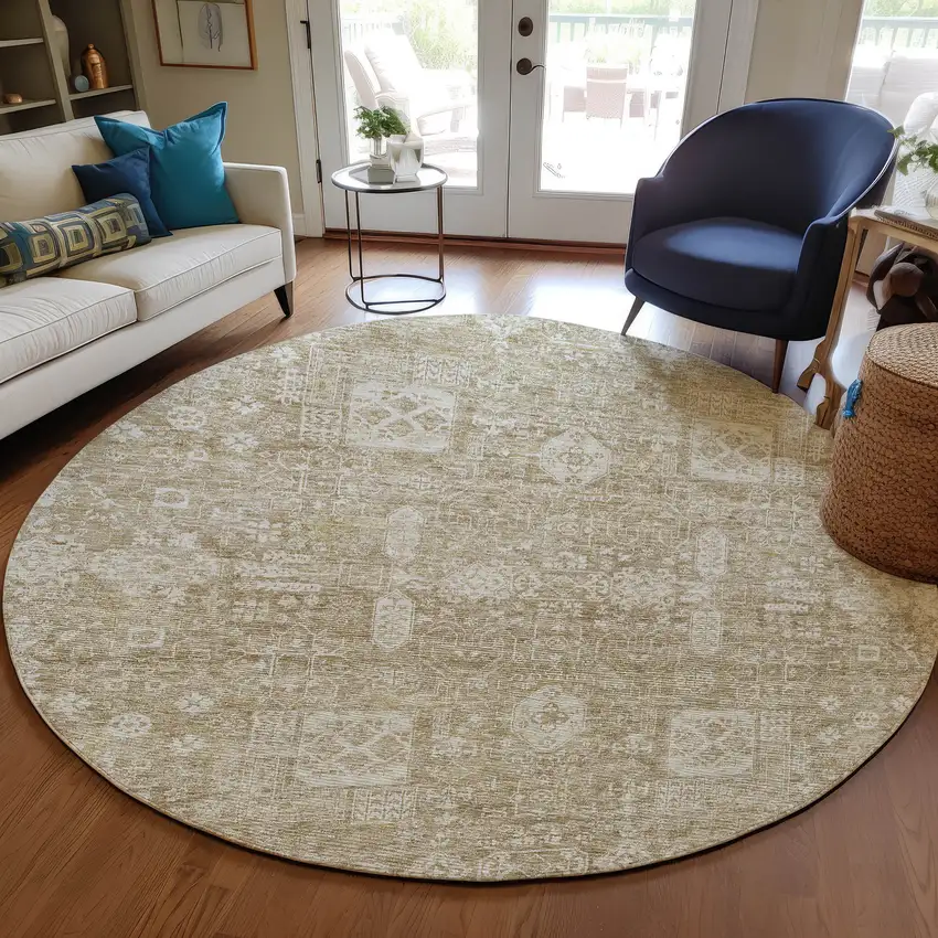 8' Beige Tan And Ivory Round Oriental Washable Indoor Outdoor Area Rug Photo 7