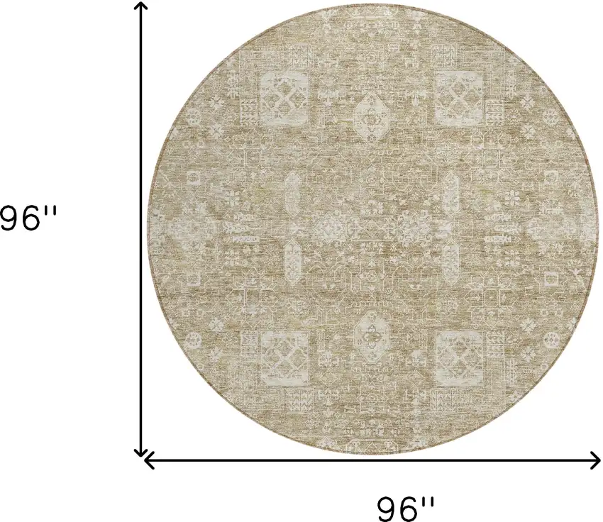 8' Beige Tan And Ivory Round Oriental Washable Indoor Outdoor Area Rug Photo 9