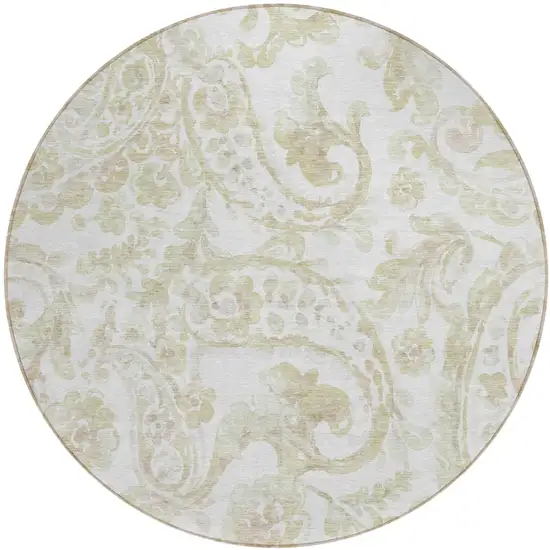 8' Beige Tan And Ivory Round Paisley Washable Indoor Outdoor Area Rug Photo 2