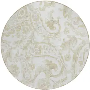 Photo of 8' Beige Tan And Ivory Round Paisley Washable Indoor Outdoor Area Rug