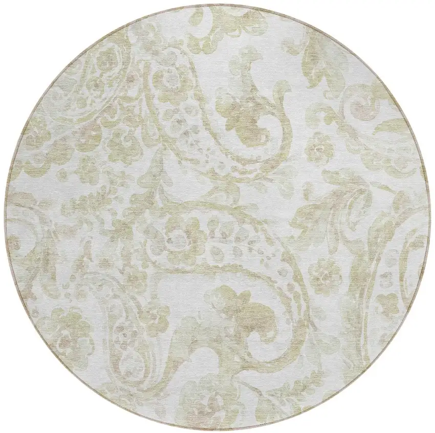 8' Beige Tan And Ivory Round Paisley Washable Indoor Outdoor Area Rug Photo 5