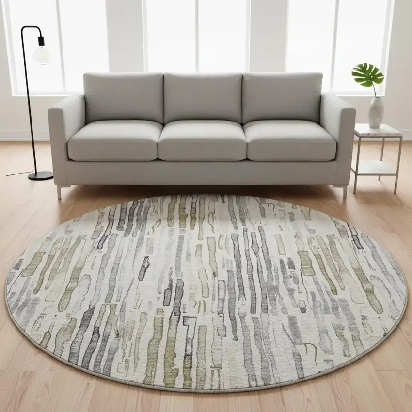 8' Beige Tan And Silver Striped Washable Round Rug With UV Protection Photo 2