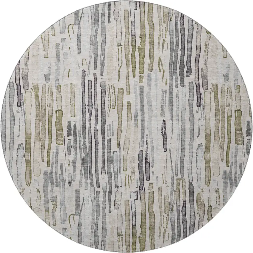 8' Beige Tan And Silver Striped Washable Round Rug With UV Protection Photo 2