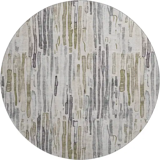8' Beige Tan And Silver Striped Washable Round Rug With UV Protection Photo 1