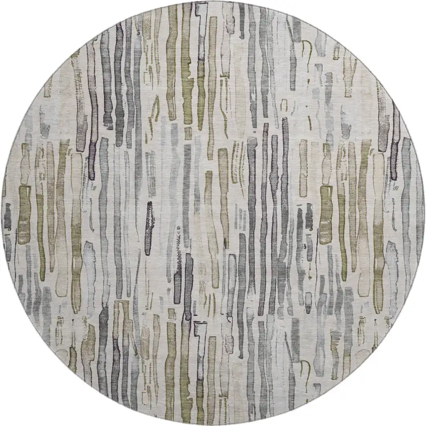 8' Beige Tan And Silver Striped Washable Round Rug With UV Protection Photo 1