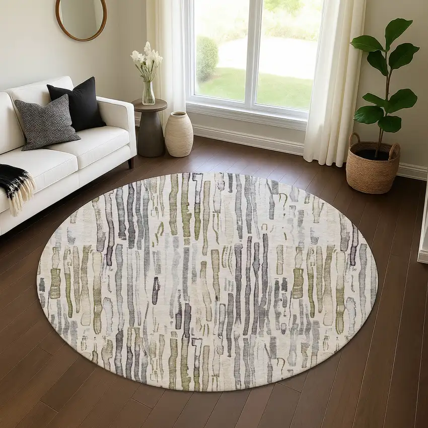 8' Beige Tan And Silver Striped Washable Round Rug With UV Protection Photo 3