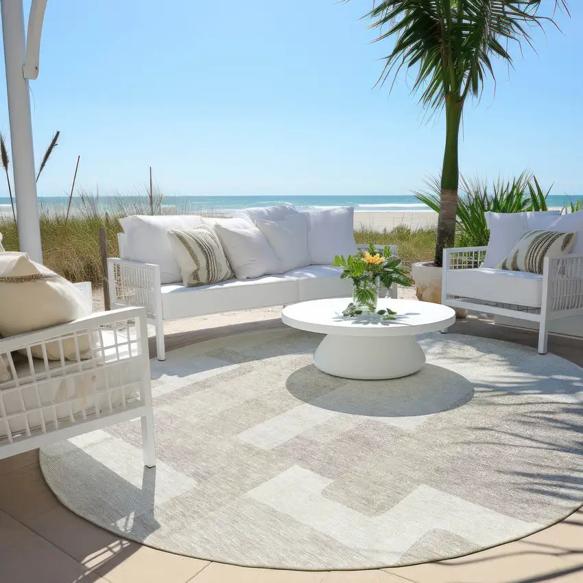 8' Beige Tan And Taupe Round Abstract Washable Indoor Outdoor Area Rug Photo 6