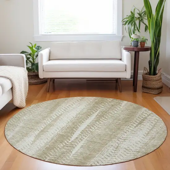 8' Beige Tan And Taupe Round Botanical Leaves Washable Indoor Outdoor Area Rug Photo 7