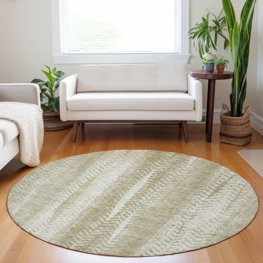 8' Beige Tan And Taupe Round Botanical Leaves Washable Indoor Outdoor Area Rug Photo 7