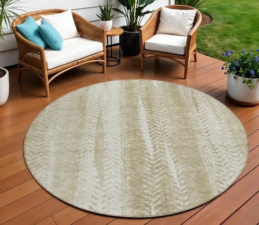 8' Beige Tan And Taupe Round Botanical Leaves Washable Indoor Outdoor Area Rug Photo 1