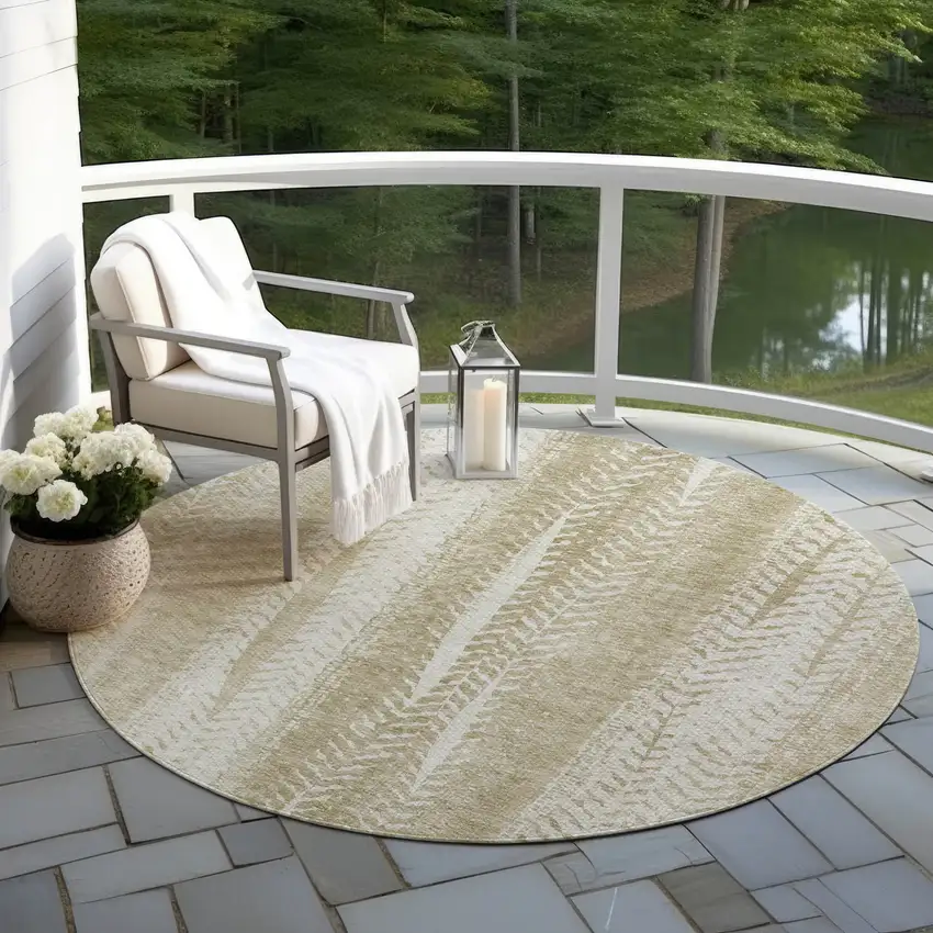 8' Beige Tan And Taupe Round Botanical Leaves Washable Indoor Outdoor Area Rug Photo 6