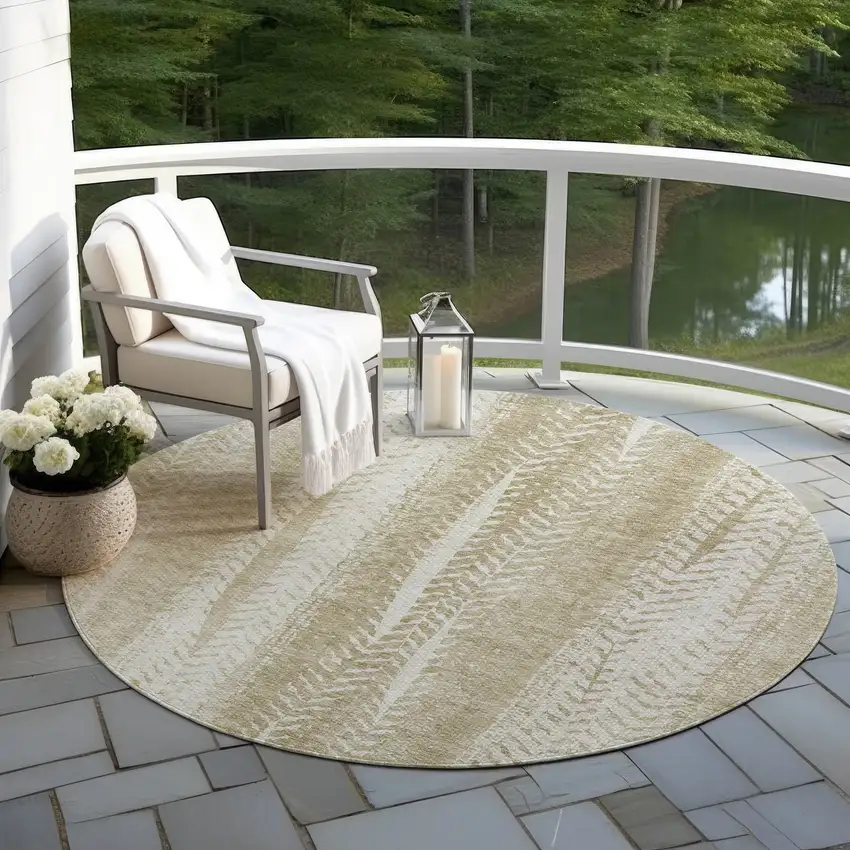 8' Beige Tan And Taupe Round Botanical Leaves Washable Indoor Outdoor Area Rug Photo 6