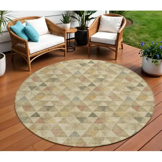 8' Beige Tan And Taupe Round Geometric Washable Indoor Outdoor Area Rug Photo 1