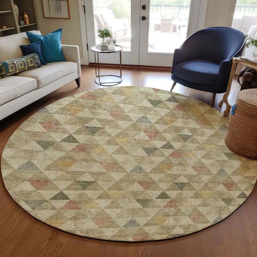 8' Beige Tan And Taupe Round Geometric Washable Indoor Outdoor Area Rug Photo 6