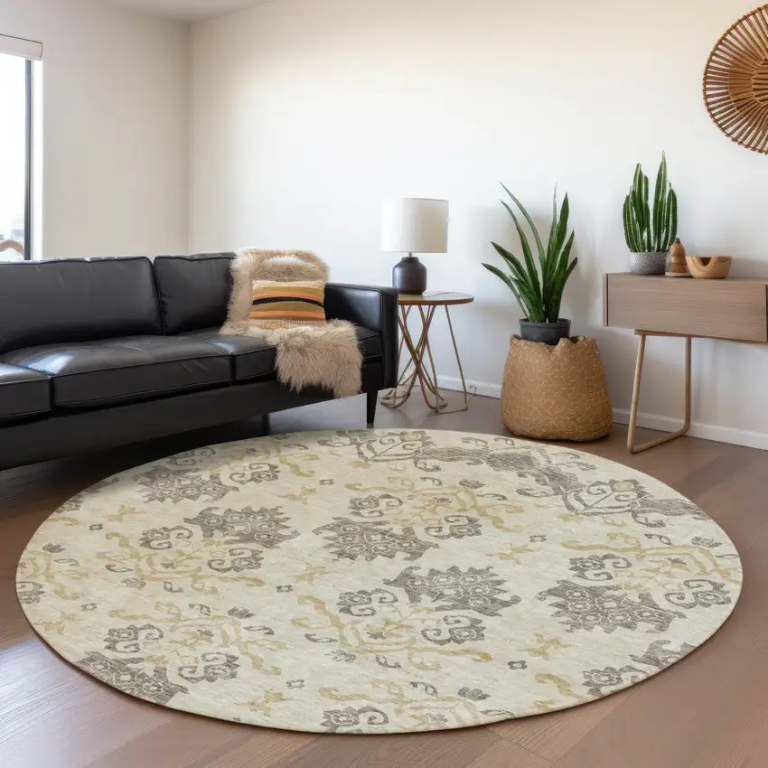 8' Beige Tan And Taupe Round Oriental Washable Indoor Outdoor Area Rug Photo 8