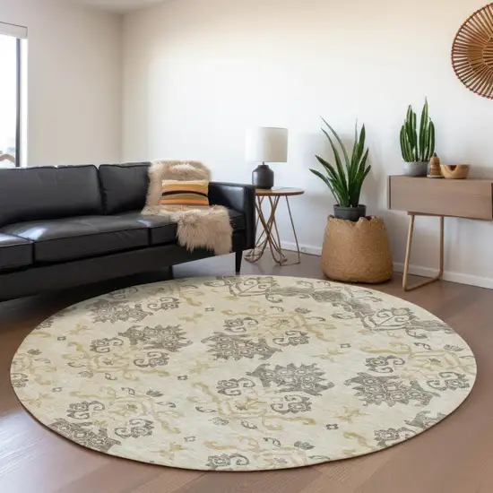 8' Beige Tan And Taupe Round Oriental Washable Indoor Outdoor Area Rug Photo 8