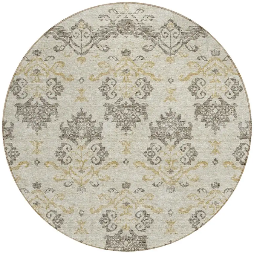 8' Beige Tan And Taupe Round Oriental Washable Indoor Outdoor Area Rug Photo 6
