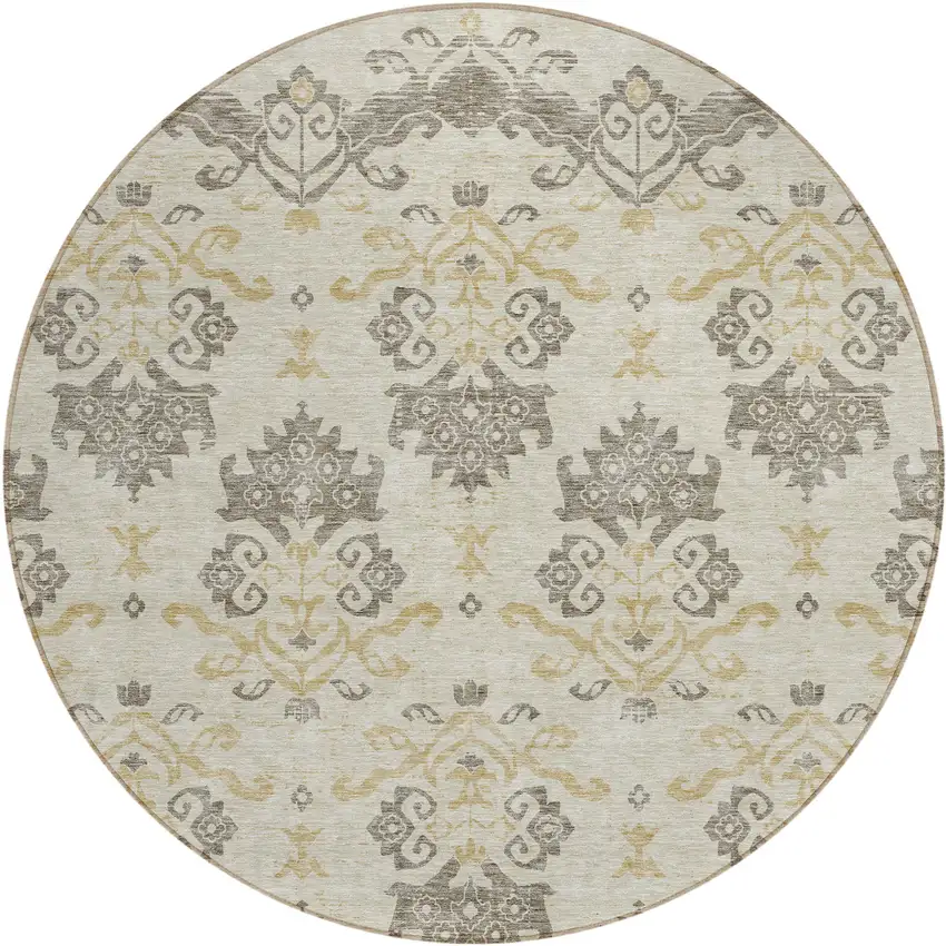 8' Beige Tan And Taupe Round Oriental Washable Indoor Outdoor Area Rug Photo 2
