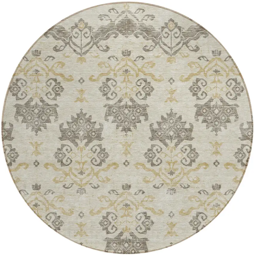 8' Beige Tan And Taupe Round Oriental Washable Indoor Outdoor Area Rug Photo 2