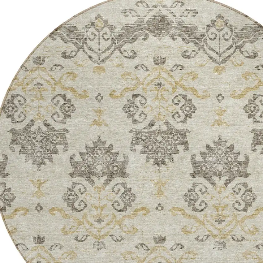 8' Beige Tan And Taupe Round Oriental Washable Indoor Outdoor Area Rug Photo 5