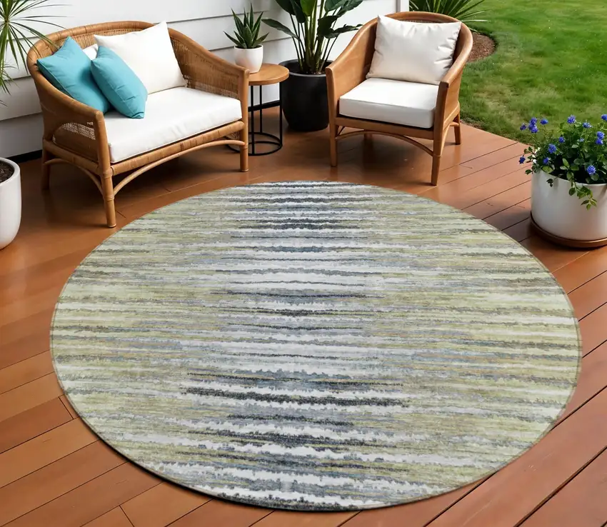 8' Beige Tan And Taupe Round Striped Washable Indoor Outdoor Area Rug Photo 1