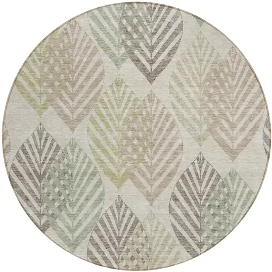 8' Beige Taupe And Artichoke Green Round Floral Washable Indoor Outdoor Area Rug Photo 1