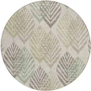 Photo of 8' Beige Taupe And Artichoke Green Round Floral Washable Indoor Outdoor Area Rug