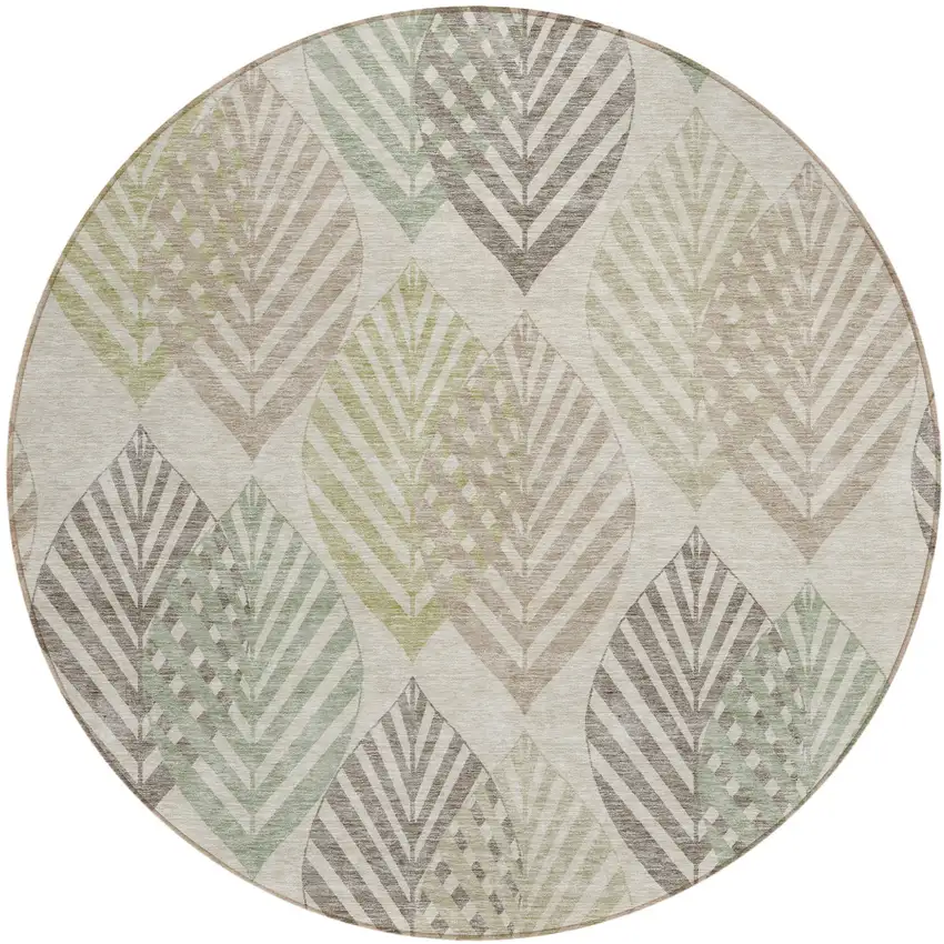 8' Beige Taupe And Artichoke Green Round Floral Washable Indoor Outdoor Area Rug Photo 1
