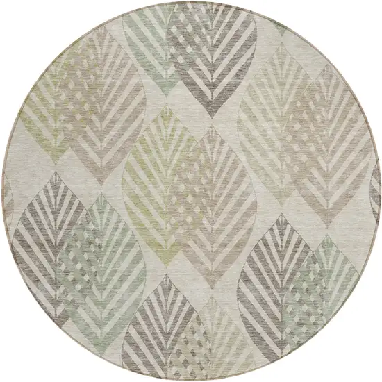 8' Beige Taupe And Artichoke Green Round Floral Washable Indoor Outdoor Area Rug Photo 1