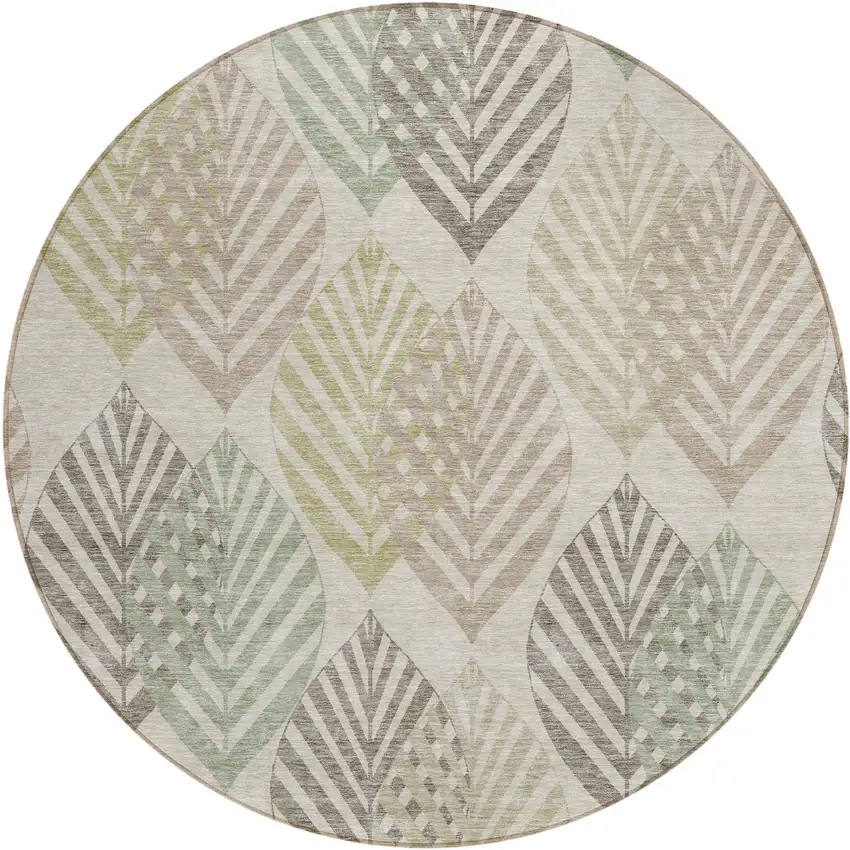 8' Beige Taupe And Artichoke Green Round Floral Washable Indoor Outdoor Area Rug Photo 1
