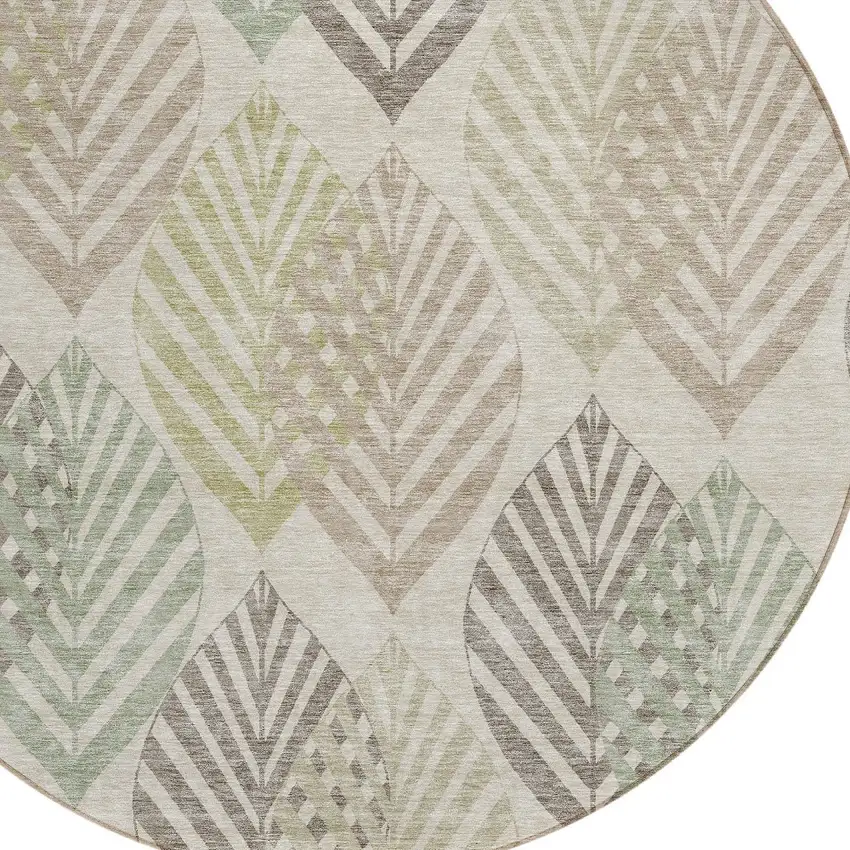 8' Beige Taupe And Artichoke Green Round Floral Washable Indoor Outdoor Area Rug Photo 6