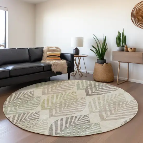 8' Beige Taupe And Artichoke Green Round Floral Washable Indoor Outdoor Area Rug Photo 8